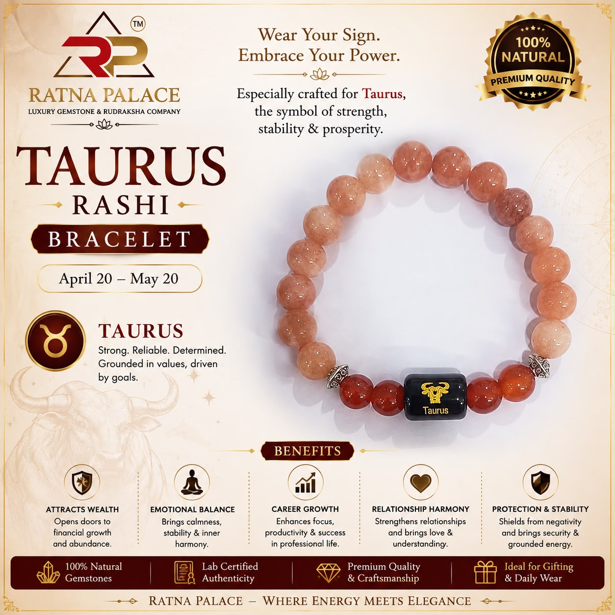 Taurus (বৃষ রাশি/taurus) Bracelet with Lab Certificate