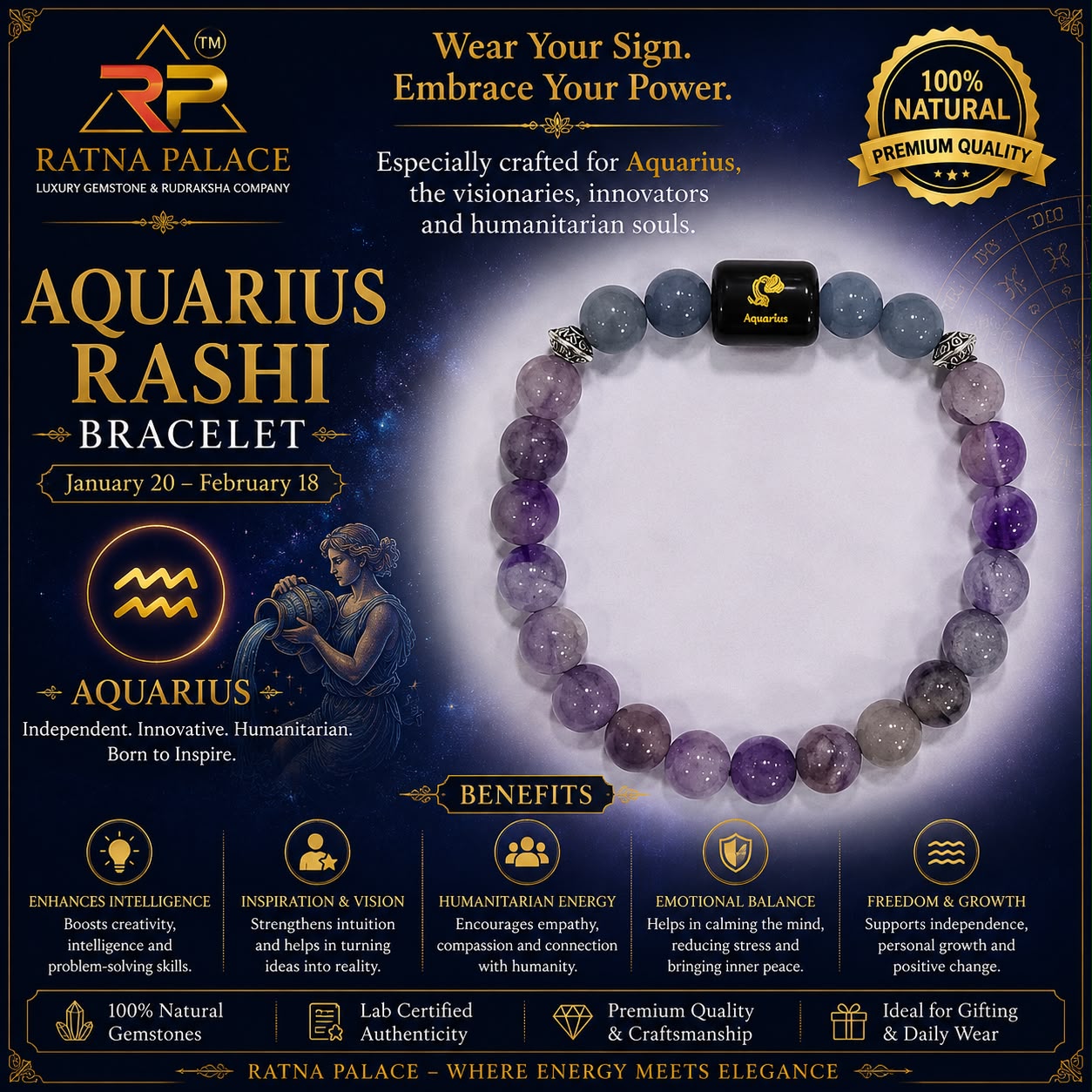 Aquarius (কুম্ভ রাশি/Kumbha) Bracelet with Lab Certificate